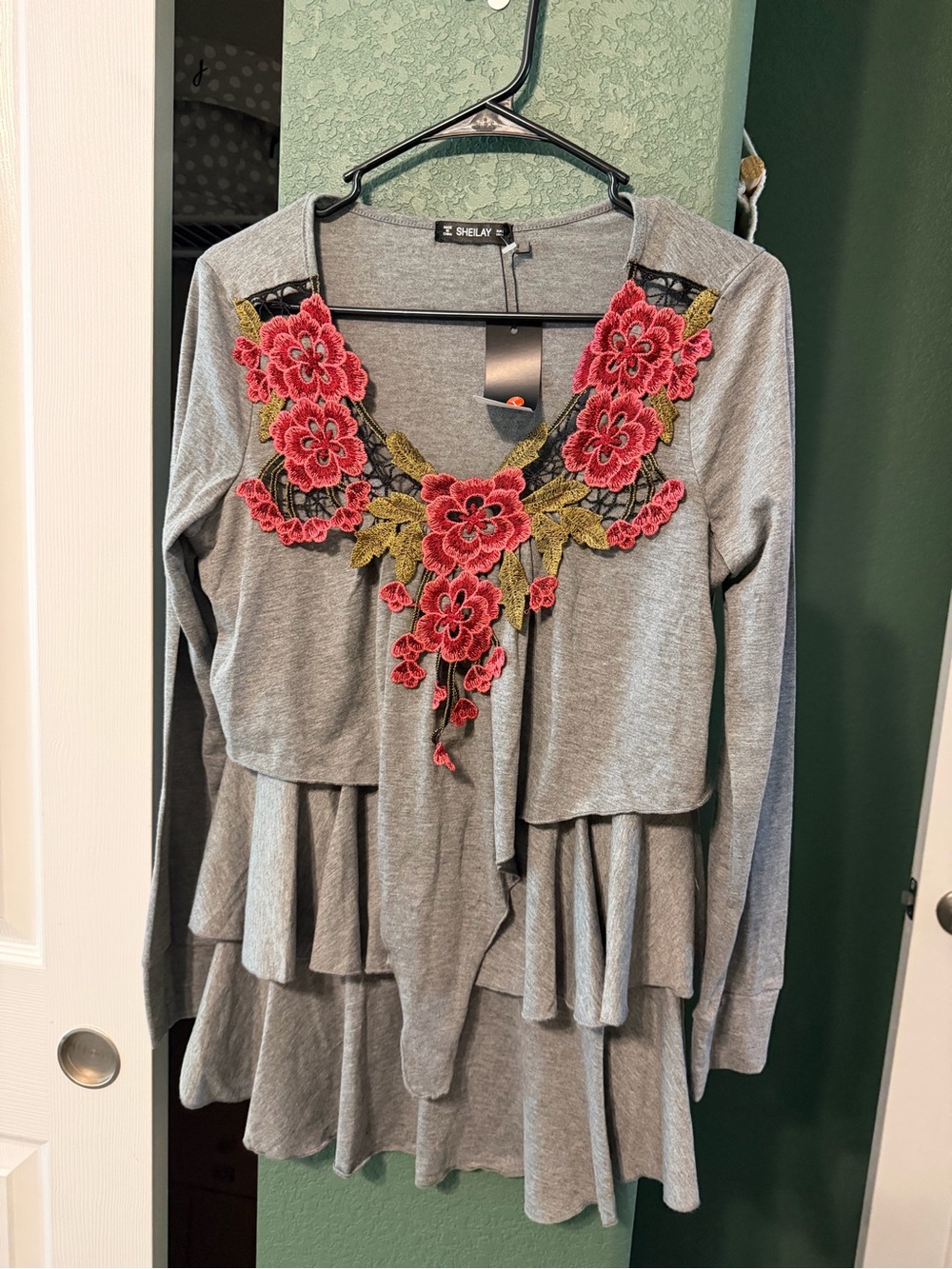 Shelay Gray Long-Sleeve Layered Tunic with Pink Floral Appliqué